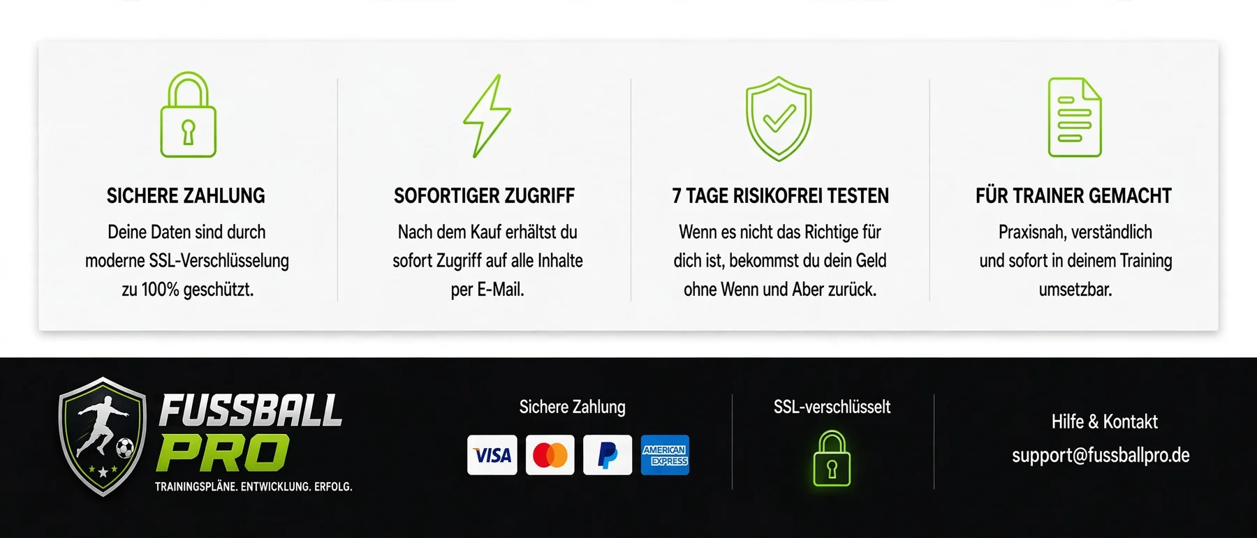 Sichere Zahlung · Sofortiger Zugriff · 7 Tage risikofrei testen · Für Trainer gemacht